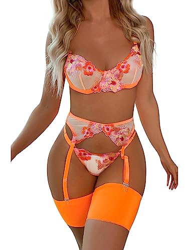 Aranmei Sexy Dessous Set für Frauen Frech 4 Stück Dessous Set mit Blumen bestickte Spitze Sheer Bügel BH mit G-String Oberschenkel Bänder mit Strumpfgürtel Dessous Set, Orange, 36 von Aranmei