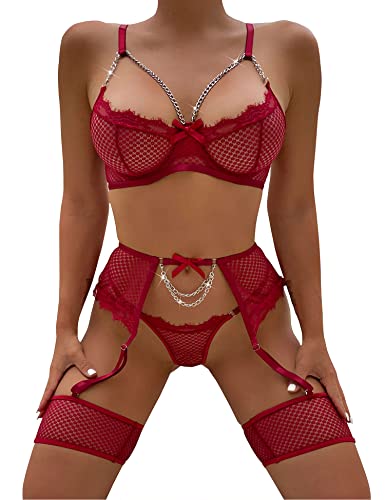 Aranmei Damen-Dessous-Sets mit Oberschenkelmanschetten, sexy Unterwäsche-Set für Frauen, freches 4-teiliges Strumpfbandgürtel-Dessous-Set, weinrot, 38 von Aranmei