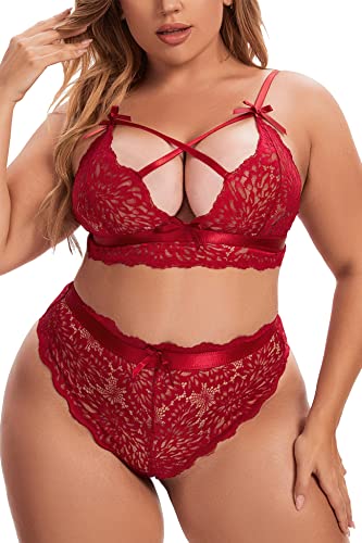 Aranmei Dessous-Set in Übergröße für Damen, hohe Taille, BH und Höschen, Set, sexy überkreuzte Spitze, Bralette-Set, 2-teilige Unterwäsche, weinrot, XXX-Large von Aranmei