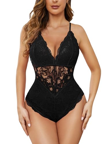 Aranmei Dessous für Frauen, sexy tiefer V-Spitzen-Body mit Druckknopfverschluss, Teddy-Nachtwäsche, schwarz, XX-Large von Aranmei