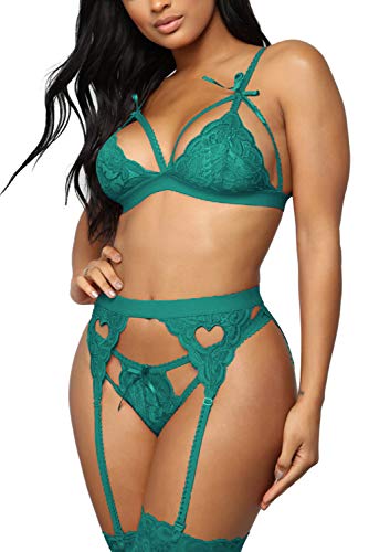 Aranmei Dessous für Frauen 4 Stück Dessous Set mit Strumpfgürtel und Strümpfen BH und Panty Sets Sexy Spitze Bodydoll Dessous, Grün , Large von Aranmei