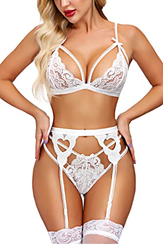 Aranmei Dessous für Frauen 4-teiliges Dessous-Set mit Strumpfgürtel und Strümpfen BH und Panty Sets Sexy Spitze Bodydoll Dessous, Weiß, Small von Aranmei