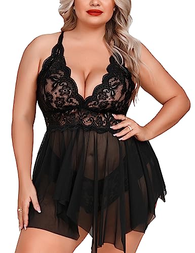 Aranmei Dessous in Übergröße für Damen, offene Vorderseite, Babydoll-Dessous, Träger, Spitze, Unterhemd, sexy Nachtwäsche, Schwarz , 4XL von Aranmei