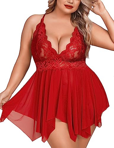 Aranmei Dessous in Übergröße für Damen, offene Vorderseite, Babydoll-Dessous, Träger, Spitze, Unterhemd, sexy Nachtwäsche, rot, 3XL von Aranmei