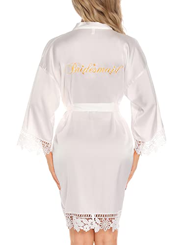 Aranmei Morgenmantel Damen Bademantel Satin Kimono Stickerei Spitzenbesatz V-Ausschnitt 3/4 Ärmel Braut/Brautjungfer Kurz Robe mit Gürtel Seide Nachthemd Nachtwäsche,Weiß,M von Aranmei