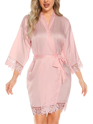 Aranmei Morgenmantel Damen Bademantel Satin Kimono V-Ausschnitt 3/4 Ärmel Braut/Brautjungfer Spitzenbesatz Kurz Robe mit Gürtel Seide Nachthemd Nachtwäsche,Rosa,M von Aranmei