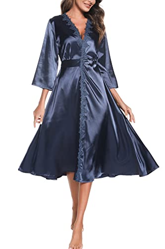 Aranmei Morgenmantel Damen Kimono Satin Bademantel Langes Gewand Hochzeit Braut/Brautjungfer Spitze Nachthemd Frühling/Herbst Morgenkleid, Navy Blau, M von Aranmei