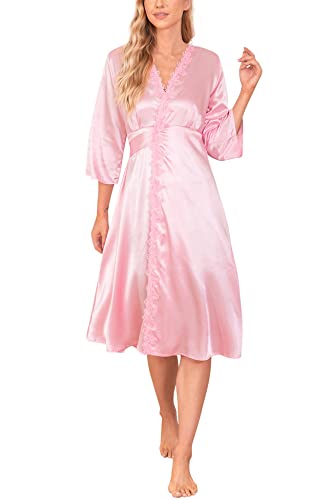 Aranmei Morgenmantel Damen Kimono Satin Bademantel Langes Gewand Hochzeit Braut/Brautjungfer Spitze Nachthemd Frühling/Herbst Morgenkleid, Rosa, L von Aranmei