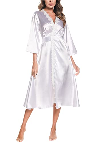 Aranmei Morgenmantel Damen Kimono Satin Bademantel Langes Gewand Hochzeit Braut/Brautjungfer Spitze Nachthemd Frühling/Herbst Morgenkleid, Weiß, L von Aranmei