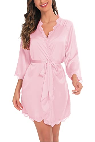 Aranmei Morgenmantel Damen Leicht Satin Kurz V-Ausschnitt 3/4 Ärmel Bademantel Braut/Brautjungfer Robe mit Gürtel Seide Kimono Nachtwäsche,Hellrosa,S von Aranmei