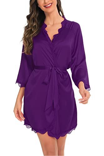 Aranmei Morgenmantel Damen Leicht Satin Kurz V-Ausschnitt 3/4 Ärmel Bademantel Braut/Brautjungfer Robe mit Gürtel Seide Kimono Nachtwäsche,Lila,S von Aranmei