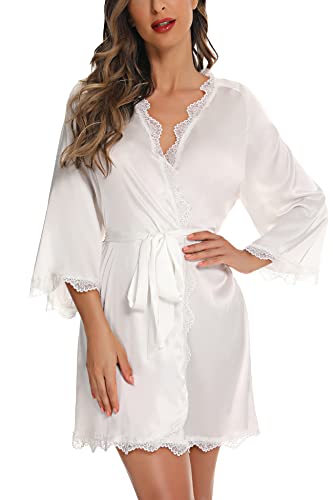 Aranmei Morgenmantel Damen Leicht Satin Kurz V-Ausschnitt 3/4 Ärmel Bademantel Braut/Brautjungfer Robe mit Gürtel Seide Kimono Nachtwäsche,Weiß,L von Aranmei