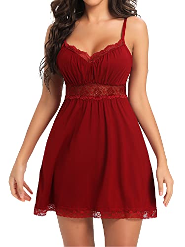 Aranmei Negligee Damen Sexy Babydoll Nachtwäsche Spitze Dessous V-Ausschnitt Nachthemd Spaghettiträger Full Slip Sleepwear Chemise Kleid Trägerkleid, Weinrot, S von Aranmei