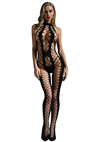 Aranmei Netz-Bodystocking für Damen Lingerie Dessous Minikleid One Size Babydoll Halter Cut-Out Bodysuit Hohl Nachtwäsche Sleepwear Underwear, Schwarz von Aranmei