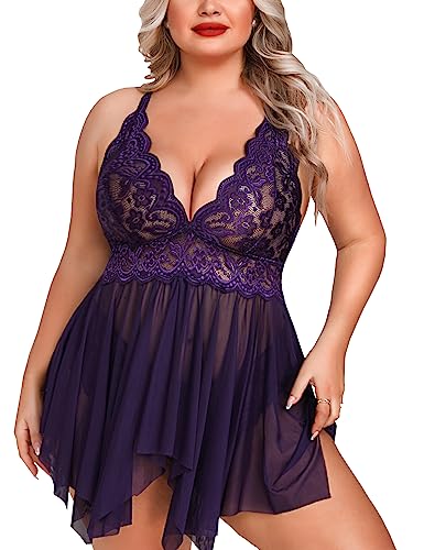 Aranmei Plus Size Lingerie for Women Open Front Babydoll Lingerie Strap Lace Chemise Sexy Nightwear, violett, 3XL von Aranmei