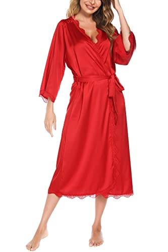 Aranmei Satin Morgenmantel Damen Langer V-Ausschnitt 3/4 Ärmel Nachthemd Bademantel Braut/Brautjungfer Kimono Robe Nachtwäsche Spitzenbesatz Seidenrobe,Rot,M von Aranmei