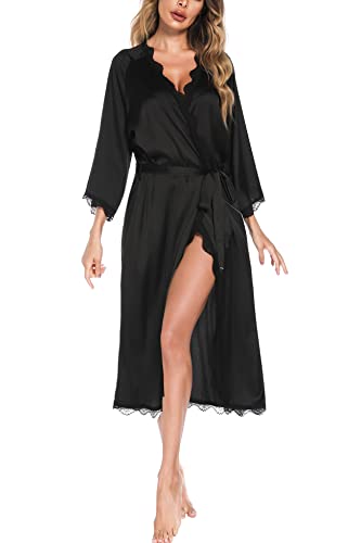 Aranmei Satin Morgenmantel Damen Langer V-Ausschnitt 3/4 Ärmel Nachthemd Bademantel Braut/Brautjungfer Kimono Robe Nachtwäsche Spitzenbesatz Seidenrobe,Schwarz,L von Aranmei