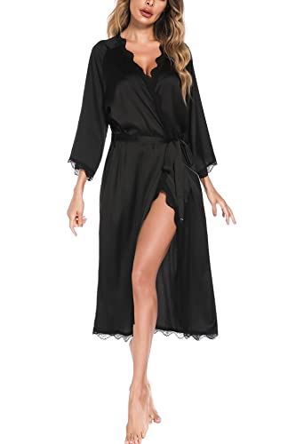 Aranmei Satin Morgenmantel Damen Langer V-Ausschnitt 3/4 Ärmel Nachthemd Bademantel Braut/Brautjungfer Kimono Robe Nachtwäsche Spitzenbesatz Seidenrobe,Schwarz,S von Aranmei