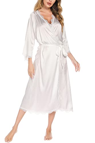 Aranmei Satin Morgenmantel Damen Langer V-Ausschnitt 3/4 Ärmel Nachthemd Bademantel Braut/Brautjungfer Kimono Robe Nachtwäsche Spitzenbesatz Seidenrobe,Weiß,XL von Aranmei