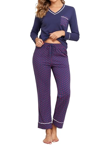 Aranmei Schlafanzug Damen Lang Baumwolle Pyjama Set Zweiteiliger Nachtwäsche V Ausschnitt Sleepwear und Polka Dot Pyjamahose Hausanzug Freizeitanzug Kuschel Loungewear von Aranmei