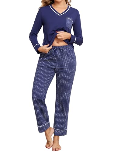 Aranmei Schlafanzug Damen Lang Baumwolle Pyjama Set Zweiteiliger Nachtwäsche V Ausschnitt Sleepwear und Polka Dot Pyjamahose Hausanzug Freizeitanzug Kuschel Loungewear von Aranmei