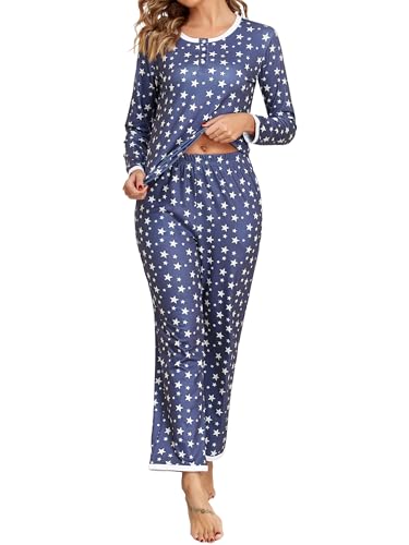 Aranmei Schlafanzug Damen Lang Pyjama Set Star Print Zweiteiliger Nachtwäsche Langarm Sleepwear Hausanzug mit Taschen für Herbst Winter von Aranmei