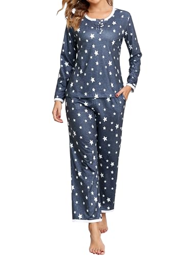 Aranmei Schlafanzug Damen Lang Pyjama Set Star Print Zweiteiliger Nachtwäsche Langarm Sleepwear Hausanzug mit Taschen für Herbst Winter von Aranmei