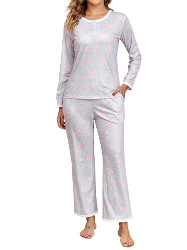 Aranmei Schlafanzug Damen Lang Pyjama Set Star Print Zweiteiliger Nachtwäsche Langarm Sleepwear Hausanzug mit Taschen für Herbst Winter von Aranmei