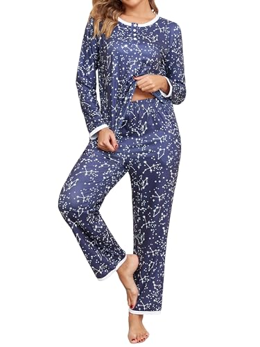 Aranmei Schlafanzug Damen Lang Pyjama Set Star Print Zweiteiliger Nachtwäsche Langarm Sleepwear Hausanzug mit Taschen für Herbst Winter von Aranmei