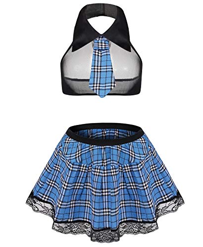 Aranmei Schulmädchen-Kostüm Sexy Dessous-Set Cosplay Student Karierte Uniform Kostüme Outfit - Blau - X-Large von Aranmei