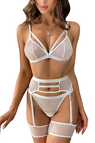 Aranmei Sexy Dessous Set für Frauen 4-Teiliges Dessous mit Strumpfgürtel und Straps Träger Mesh BH und Höschen Sets Hohe Taille Spitze Unterwäsche Babydoll Teddy Dessous Set, Weiß, M von Aranmei