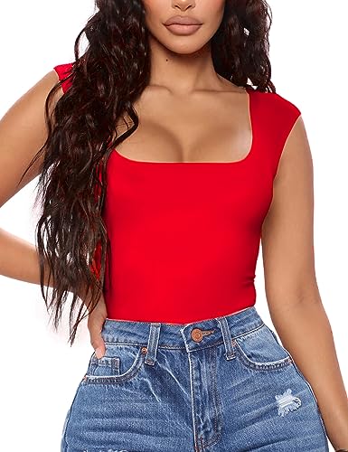 Aranmei Sexy Damen-Body mit quadratischem Ausschnitt, ärmellos, Clubwear zum Ausgehen,Rot,48 Aranmei Sexy Damen-Body mit quadratischem Ausschnitt, ärmellos, Clubwear zum Ausgehen,Rot,48 von Aranmei