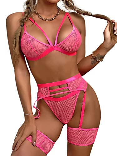 Aranmei Sexy Dessous Set für Frauen 4-Teiliges Dessous mit Strumpfgürtel und Straps Träger Mesh BH und Höschen Sets Hohe Taille Spitze Unterwäsche Babydoll Teddy Dessous Set, Rose, M von Aranmei