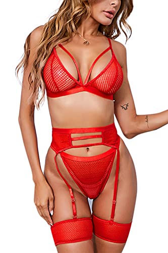 Aranmei Sexy Dessous Set für Frauen 4-Teiliges Dessous mit Strumpfgürtel und Straps Träger Mesh BH und Höschen Sets Hohe Taille Spitze Unterwäsche Babydoll Teddy Dessous Set, Rot, S von Aranmei