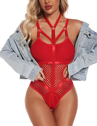 Aranmei Sexy Dessous für Frauen Mesh Bodysuit Einteiler Damen Badeanzug Durchsichtige Dessous, rot, 36 von Aranmei