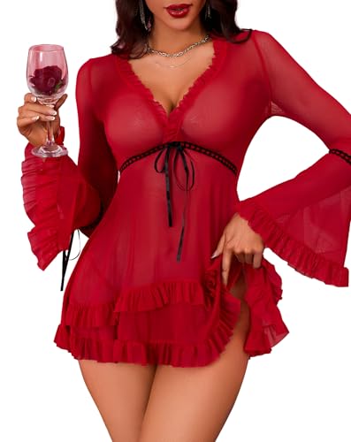 Aranmei Sexy Dessous für Frauen Vintage Rüschen Trim Mesh Langarm Nachtwäsche Sexy Kleid Dessous Set Rot L Aranmei Sexy Dessous für Frauen Vintage Rüschen Trim Mesh Langarm Nachtwäsche Sexy Kleid Dessous Set Rot L von Aranmei