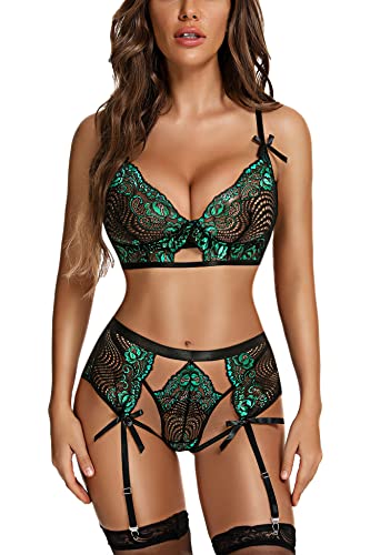 Aranmei Women's Erotic 2- Piece Lingerie Set Erotische Dessous-Set BH und Slip Strumpfband für Damen Negligee Babydoll Underwear Reizwäsche,Grün,XXL von Aranmei