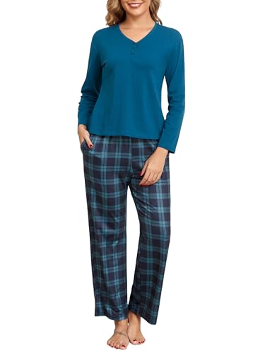 Schlafanzug Damen Lang Baumwolle Pyjama Set Karierte Zweiteiliger Nachtwäsche V Ausschnitt Sleepwear und Karierte Pyjamahose Herbst Winter Hausanzug Loungewear von Aranmei