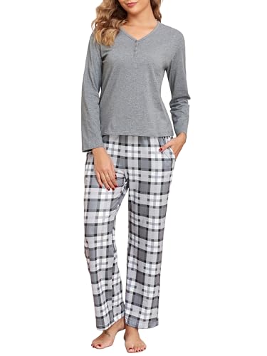 Schlafanzug Damen Lang Baumwolle Pyjama Set Karierte Zweiteiliger Nachtwäsche V Ausschnitt Sleepwear und Karierte Pyjamahose Herbst Winter Hausanzug Loungewear von Aranmei