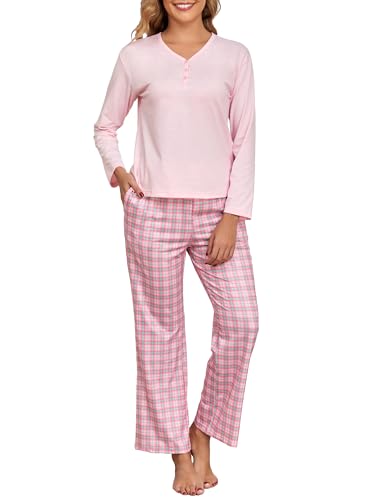 Schlafanzug Damen Lang Baumwolle Pyjama Set Karierte Zweiteiliger Nachtwäsche V Ausschnitt Sleepwear und Karierte Pyjamahose Herbst Winter Hausanzug Loungewear von Aranmei
