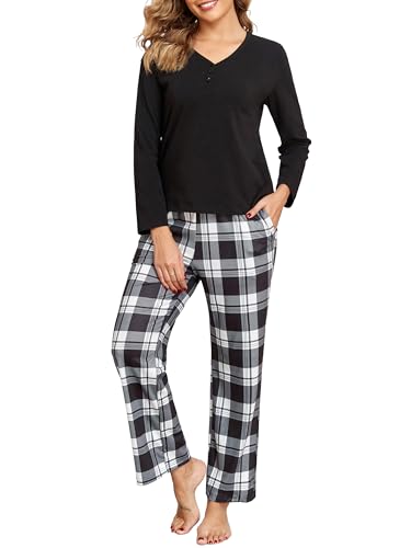 Schlafanzug Damen Lang Baumwolle Pyjama Set Karierte Zweiteiliger Nachtwäsche V Ausschnitt Sleepwear und Karierte Pyjamahose Herbst Winter Hausanzug Loungewear von Aranmei