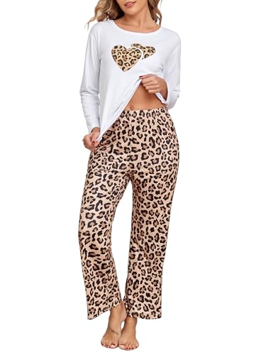 Schlafanzug Damen Lang Baumwolle Pyjama Set Leopardenmuster Zweiteiliger Nachtwäsche Sleepwear und Pyjamahose Herbst Winter Hausanzug Loungewear von Aranmei