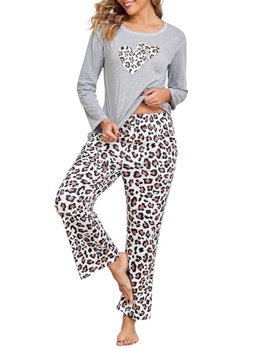 Schlafanzug Damen Lang Baumwolle Pyjama Set Leopardenmuster Zweiteiliger Nachtwäsche Sleepwear und Pyjamahose Herbst Winter Hausanzug Loungewear von Aranmei