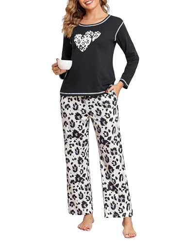 Schlafanzug Damen Lang Baumwolle Pyjama Set Leopardenmuster Zweiteiliger Nachtwäsche Sleepwear und Pyjamahose Herbst Winter Hausanzug Loungewear von Aranmei
