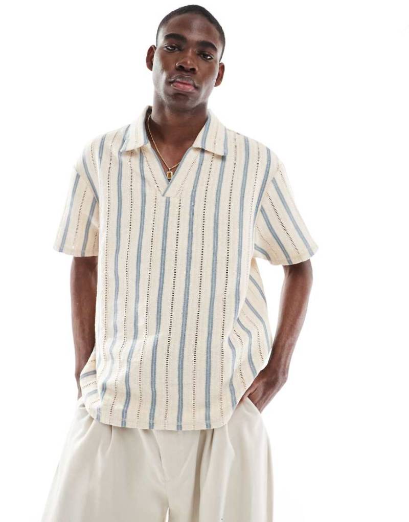 Aray - Strandhemd aus Häkelstoff in Creme und Blau gestreift-Bunt von Aray