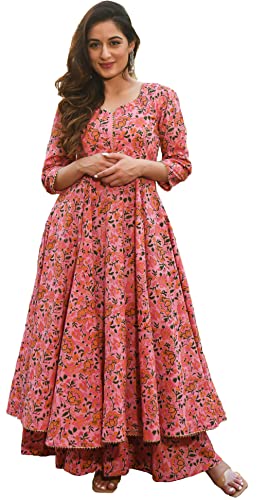 Arayna Damen Baumwolle bedruckt Anarkali Kurti mit Palazzo Hosen Set Floral, Pink, 3XL von Arayna