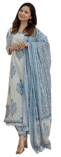 Arayna Kurta für Damen, Baumwolle, bedruckt, gerade, mit Palazzo-Hose und bedrucktem Dupatta-Set, Hellblau, Blau, M Arayna Kurta für Damen, Baumwolle, bedruckt, gerade, mit Palazzo-Hose und bedrucktem Dupatta-Set, Hellblau, Blau, M von Arayna