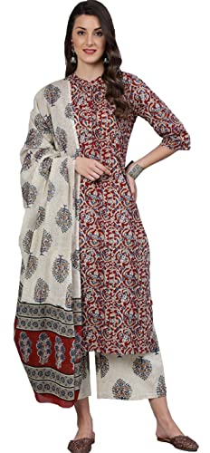 Arayna Kurti Palazzo Damen-Palazzo-Hose, Blumendruck, 100 % Baumwolle, Set mit Dupatta, Kastanienbraun, XL Arayna Kurti Palazzo Damen-Palazzo-Hose, Blumendruck, 100 % Baumwolle, Set mit Dupatta, Kastanienbraun, XL von Arayna