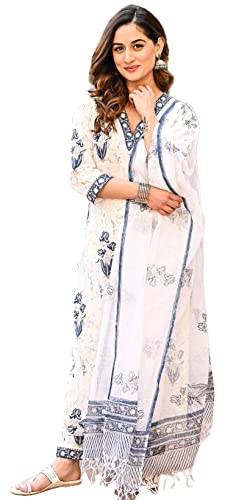 Arayna Kurti Palazzo Hosen für Damen, Blumendruck, 100 % Baumwolle, mit Dupatta, Weiß, 6XL Arayna Kurti Palazzo Hosen für Damen, Blumendruck, 100 % Baumwolle, mit Dupatta, Weiß, 6XL von Arayna
