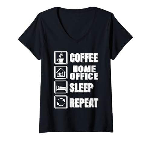 Damen Kaffee Homeoffice Schlaf Wiederholen Lustiger Remote Humor T-Shirt mit V-Ausschnitt von Arbeiten Von Zuhause Kaffee Lifestyle